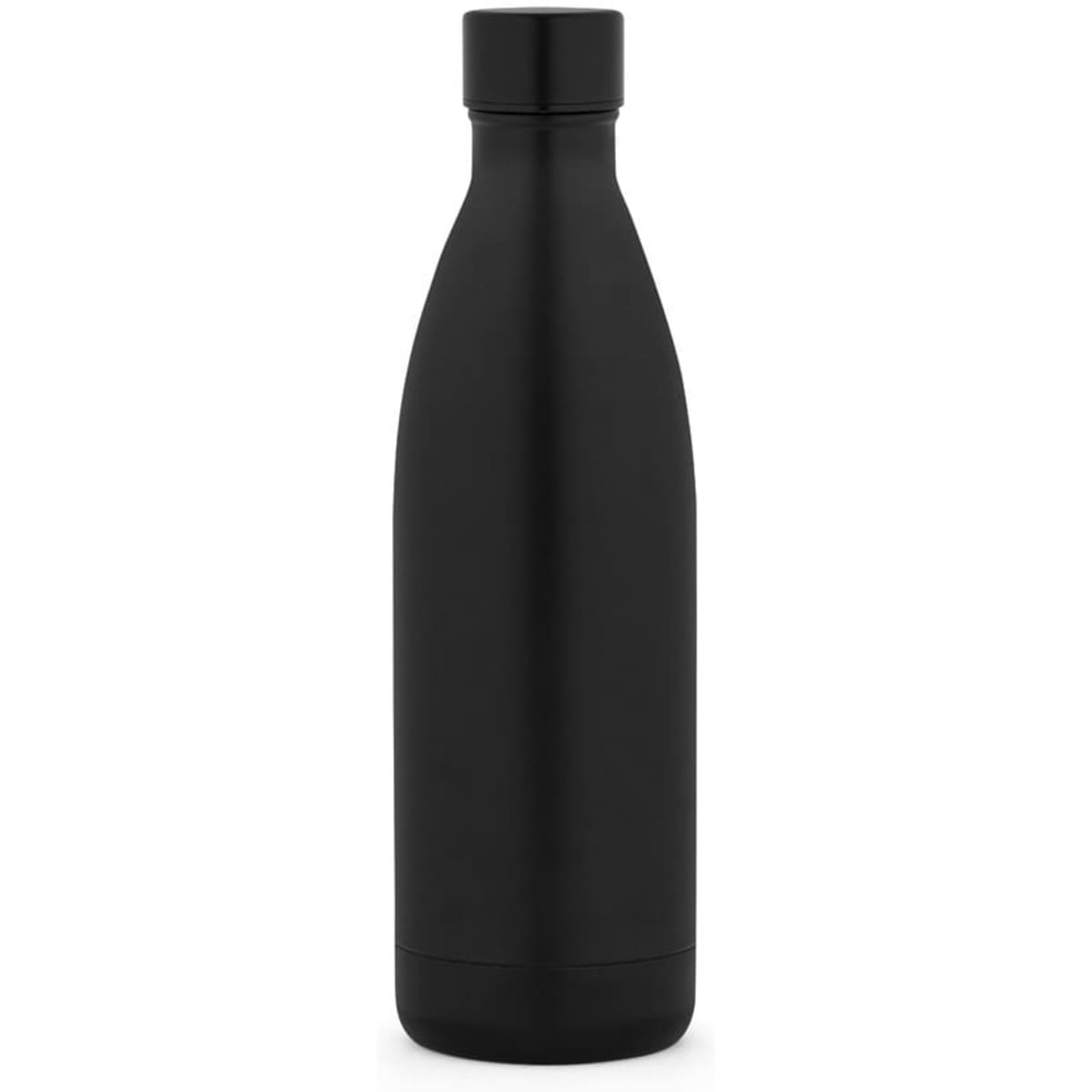 A drink bottle made of double-walled stainless steel, featuring a sleek black matte finish and a logo.