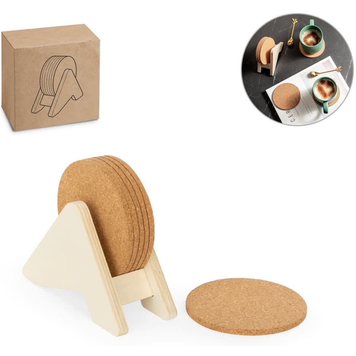 A plywood stand holds six round cork coasters in a natural colour, alongside a product box.