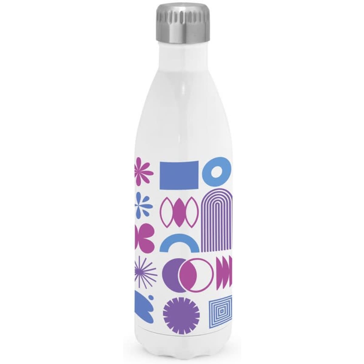 A drink bottle featuring a white design with purple and blue geometric patterns, topped with a silver lid.