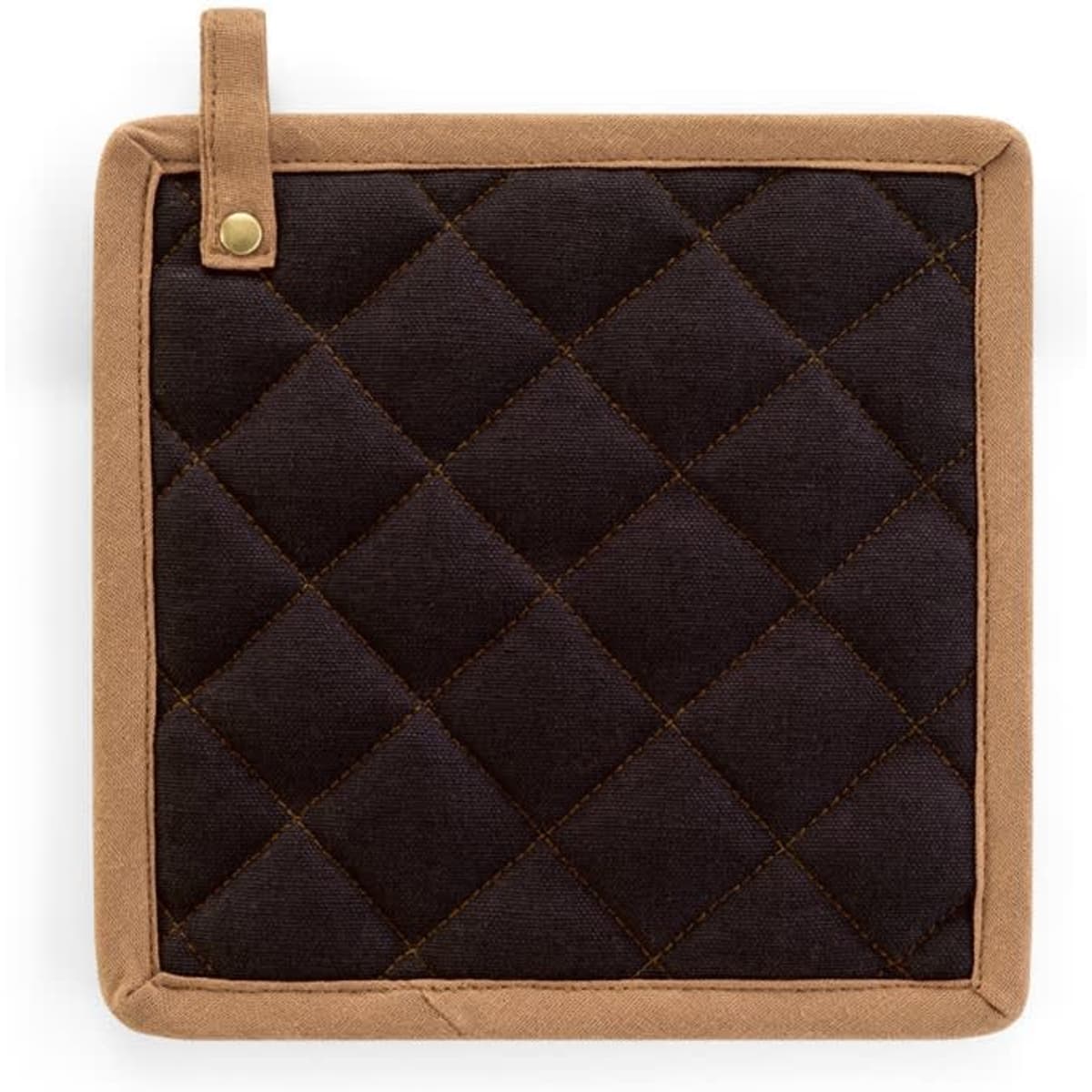 A square potholder in quilted black canvas cotton with a tan border and a hanging loop. It features a logo.