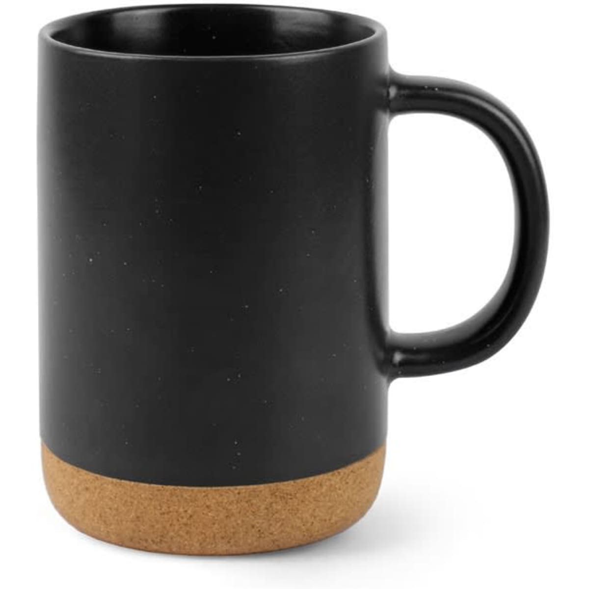 A ceramic mug with a matte black finish and a cork base, holding 320 mL. Features a comfortable handle.