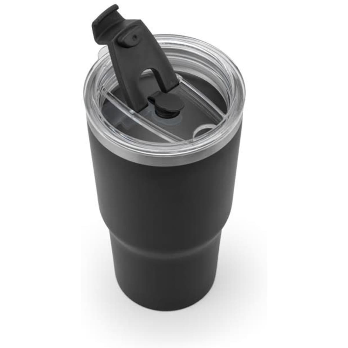 A travel mug in matte black finish with a clear lid and a drinking opening, featuring a logo.