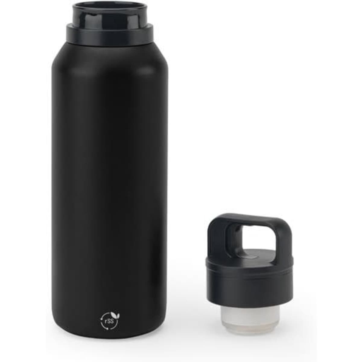 A drink bottle in black stainless steel with a vacuum insulated double wall, features a removable lid.