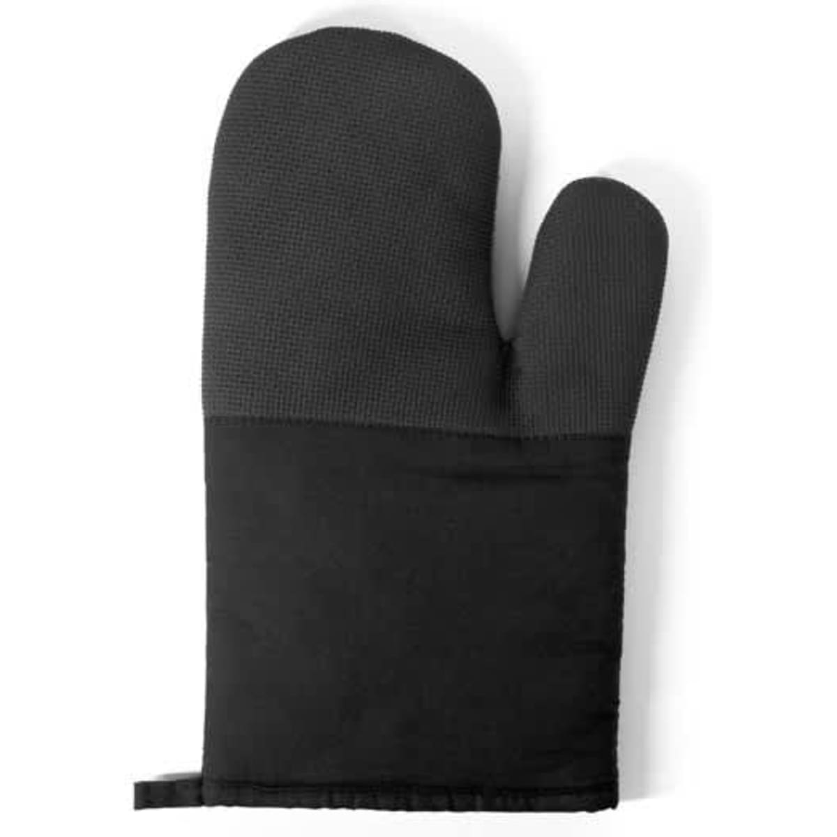A black oven mitt made of 100% cotton with silicone on one side, featuring a hanging loop.