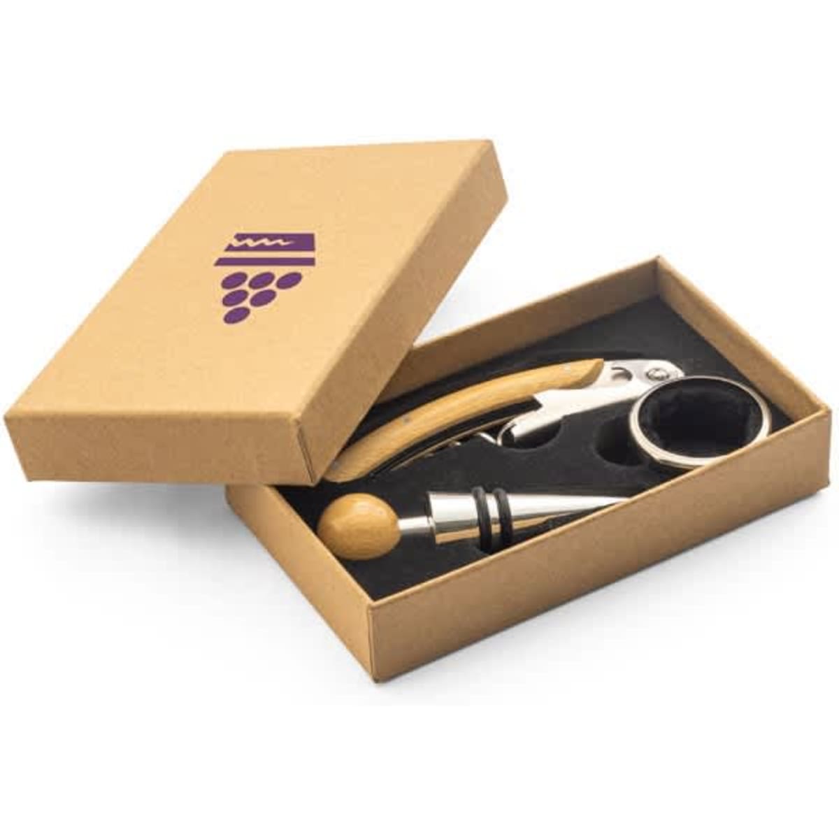 A bamboo and stainless steel wine set in a box, featuring a corkscrew, pourer, and stopper. Contains branding.
