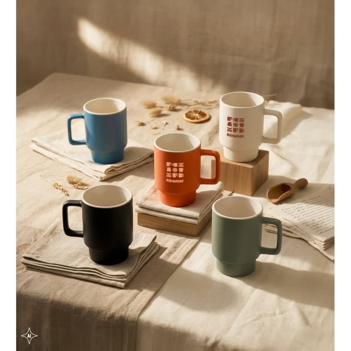 A set of five ceramic mugs in blue, orange, white, black, and green, with a matte finish, displayed on a table.