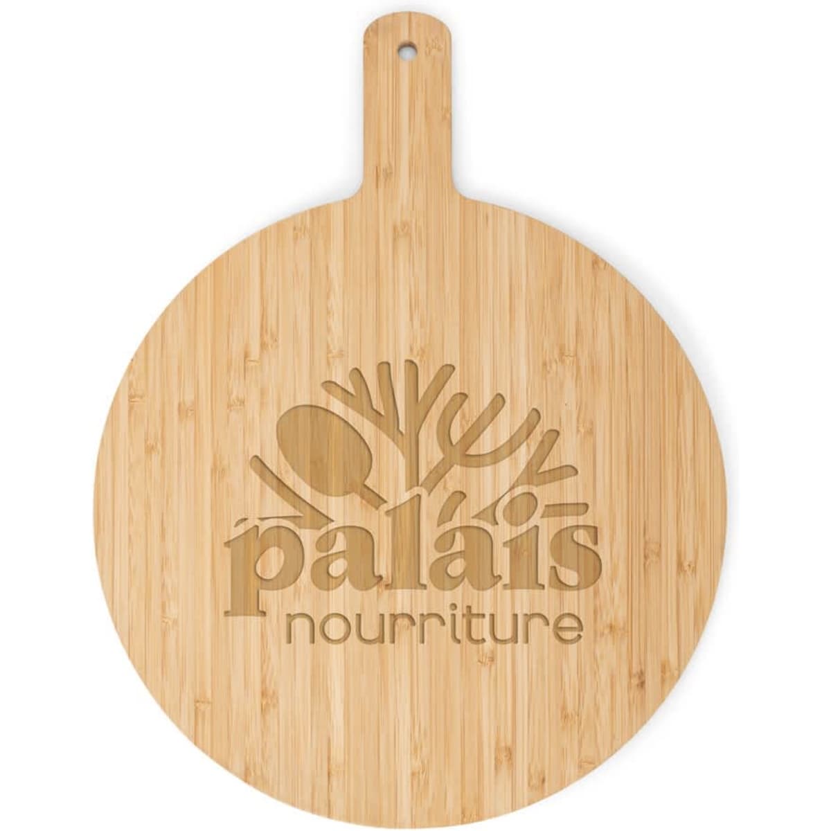 A round bamboo serving board with a handle, featuring a logo and a natural wood finish.