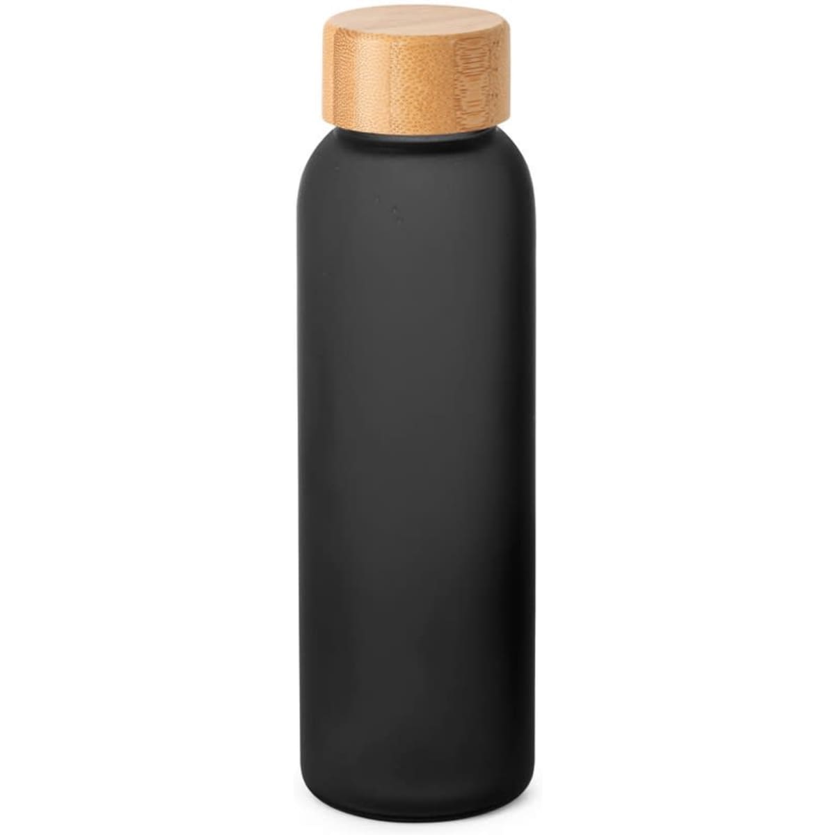 A drink bottle featuring a matte black frosted finish and a natural bamboo lid, holding 520 mL.