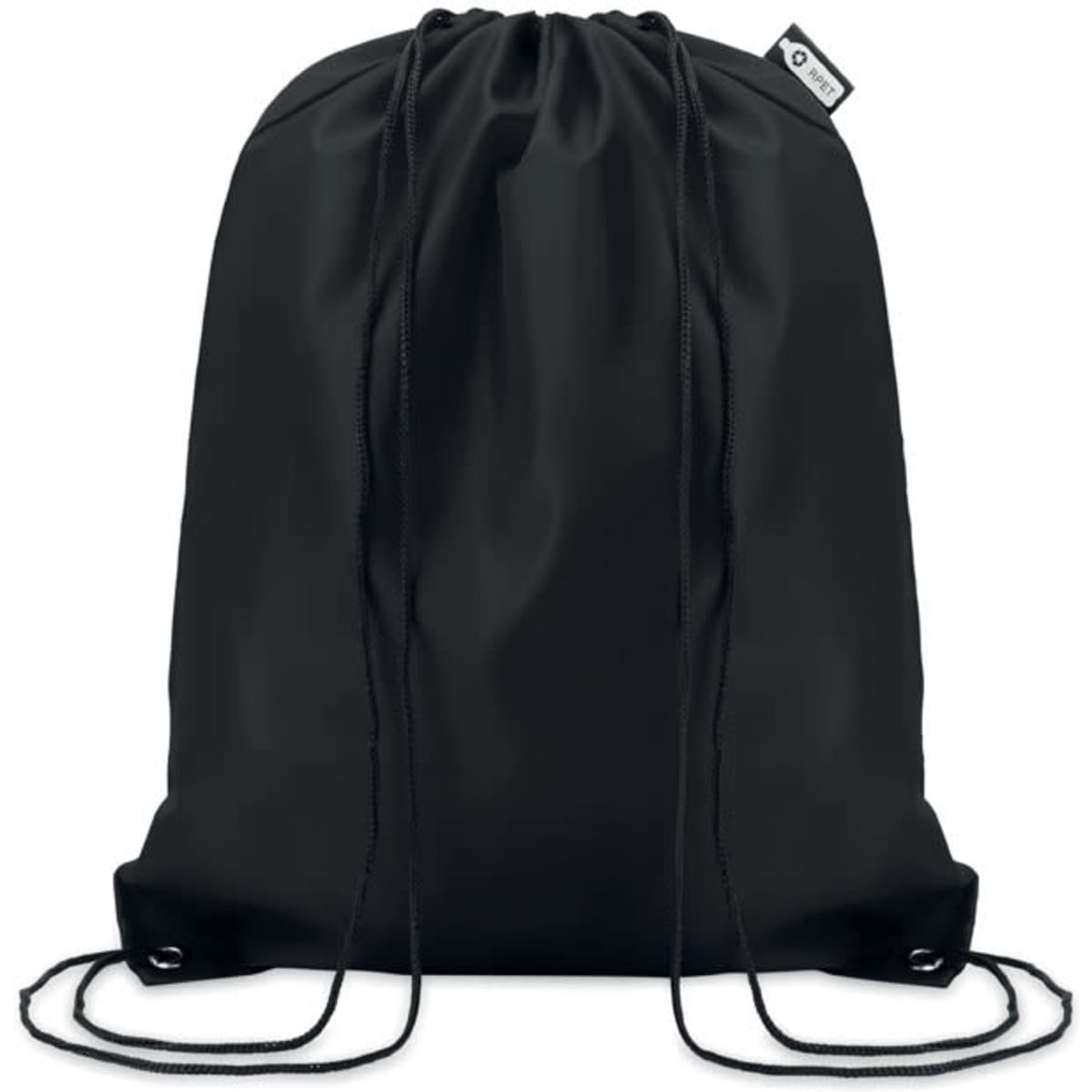 A black drawstring bag with two cords for closure and a branded tag.