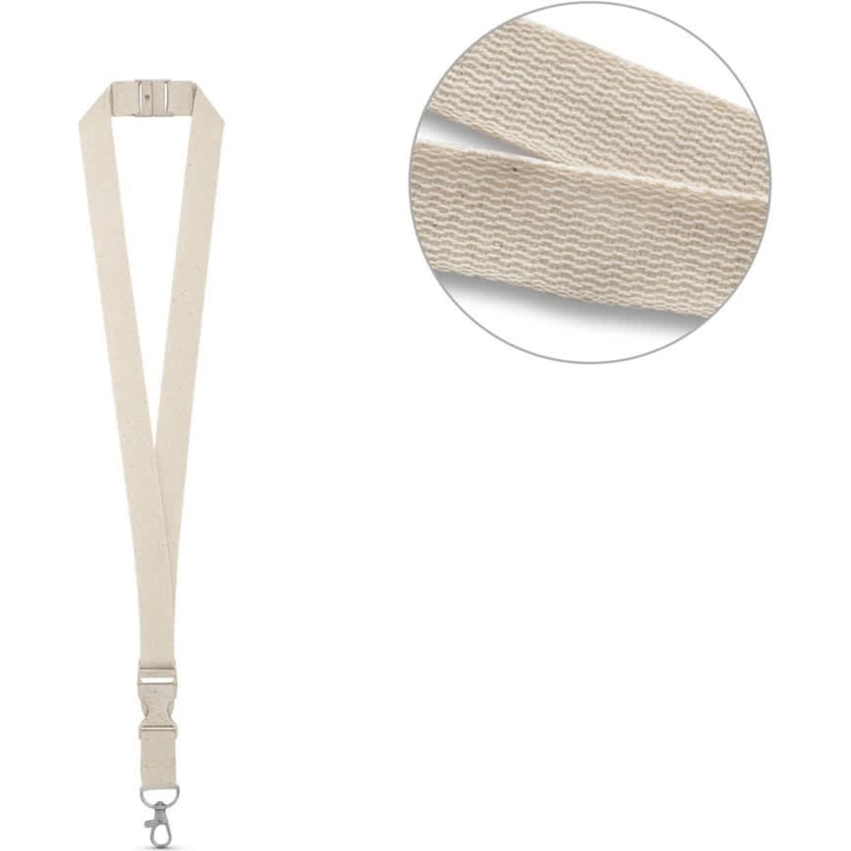 A beige 100% cotton lanyard featuring a metal carabiner, displayed alongside a close-up of the fabric texture.