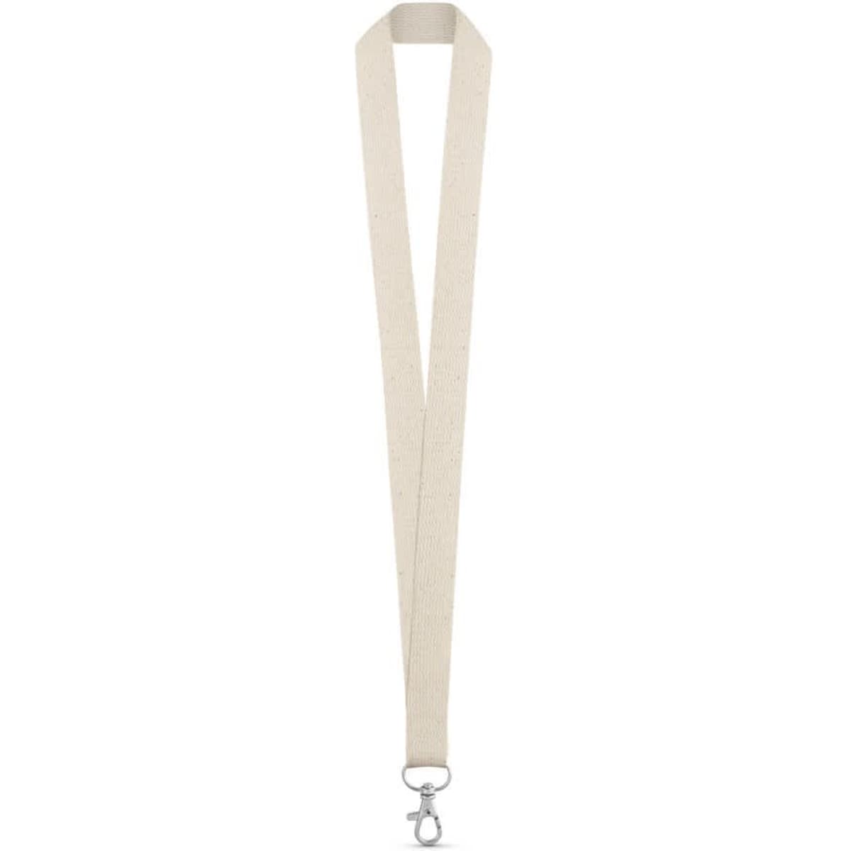 A cream lanyard made from 100% cotton, featuring a silver clip at the end.