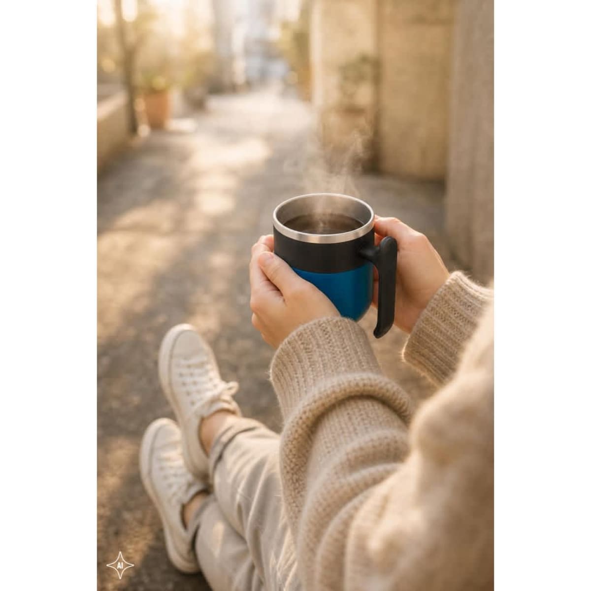 A travel mug with a stainless steel interior and matt finish, featuring a blue body and a black handle.