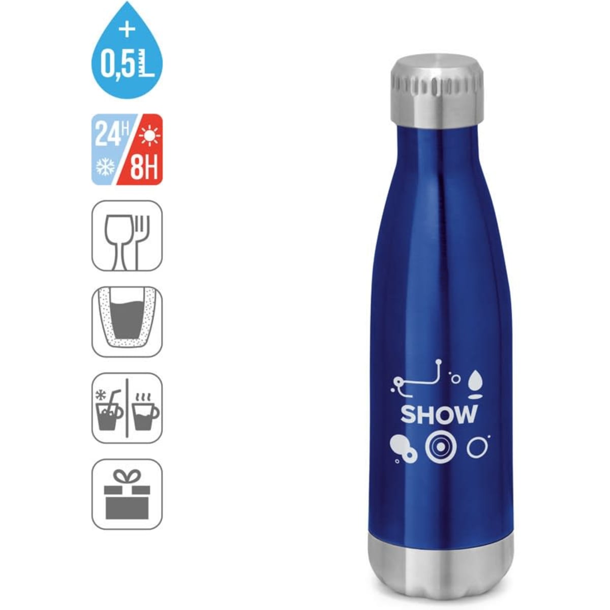 A drink bottle in metallic blue made of stainless steel, featuring a logo and showing insulation for hot and cold drinks.