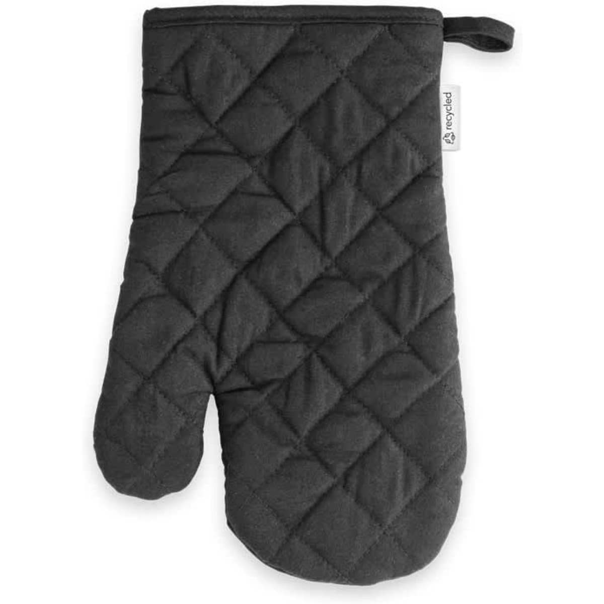 A dark grey, quilted kitchen glove with a loop for hanging, featuring a logo. Made from 60% recycled cotton.