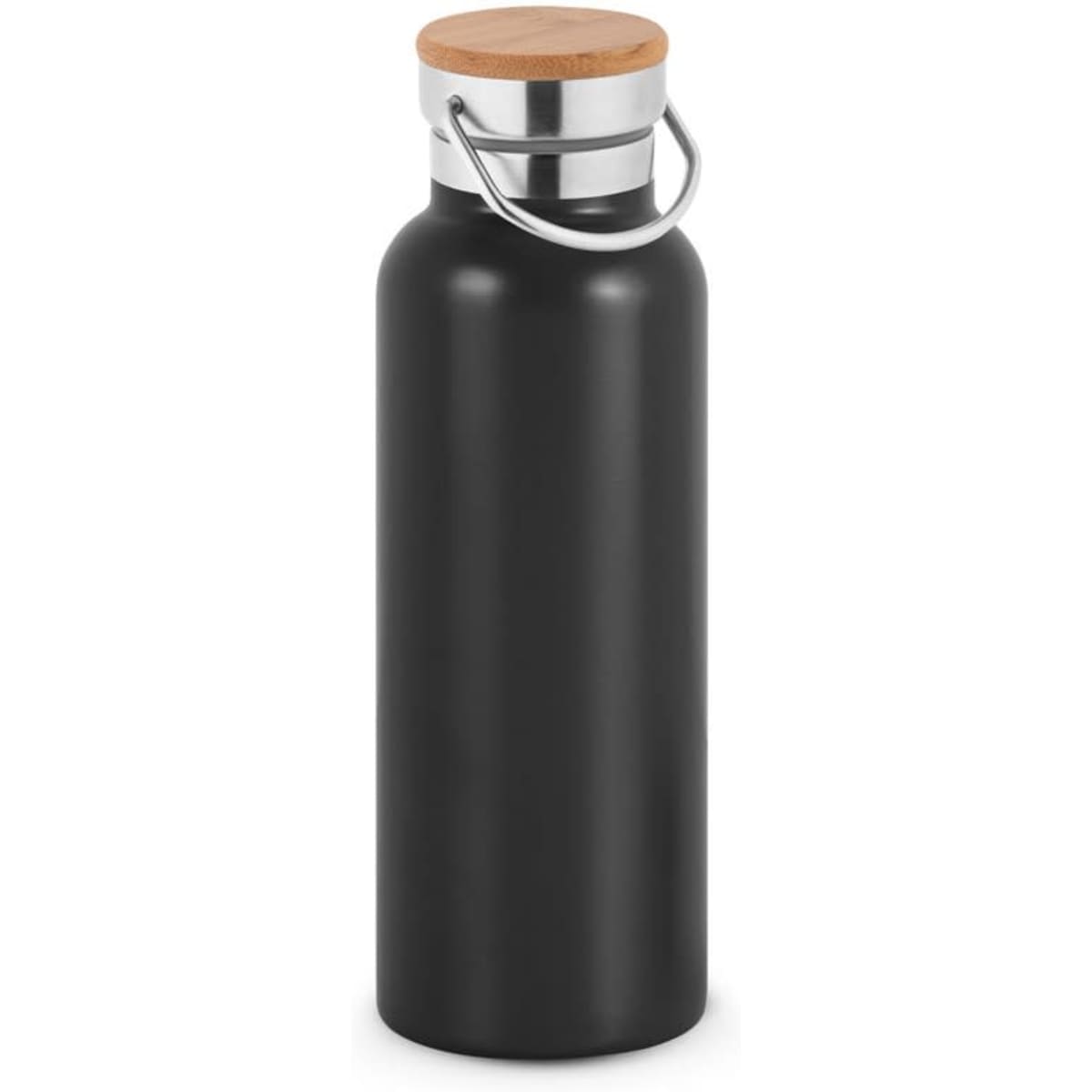A drink bottle in matte black stainless steel with a bamboo wood lid and a metal handle. Double-walled and vacuum insulated.