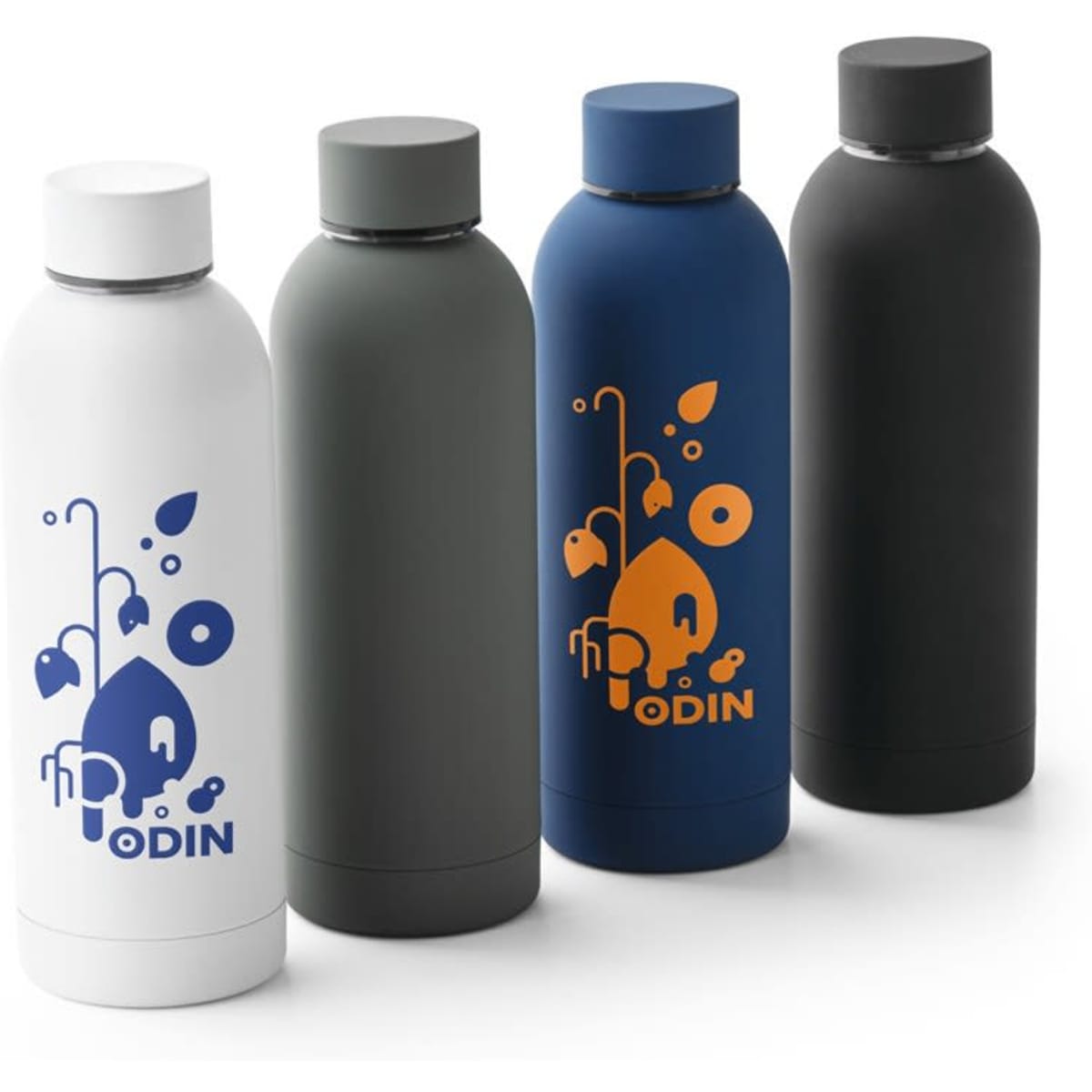 A drink bottle set featuring four stainless steel bottles in white, grey, navy, and black, each with a logo.
