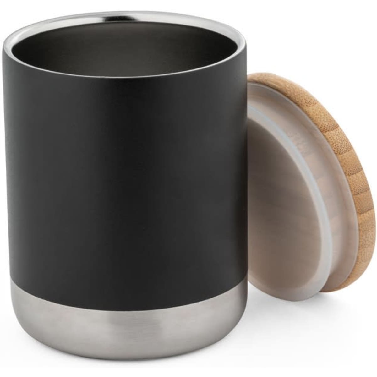A drink bottle with a black double wall, stainless steel base, and a wooden lid. Includes a logo on the side.