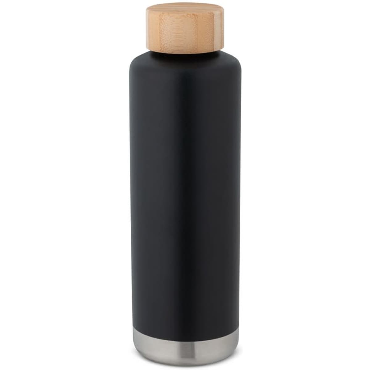A drink bottle featuring a matte black finish, stainless steel base, and a wooden lid. Includes a logo.