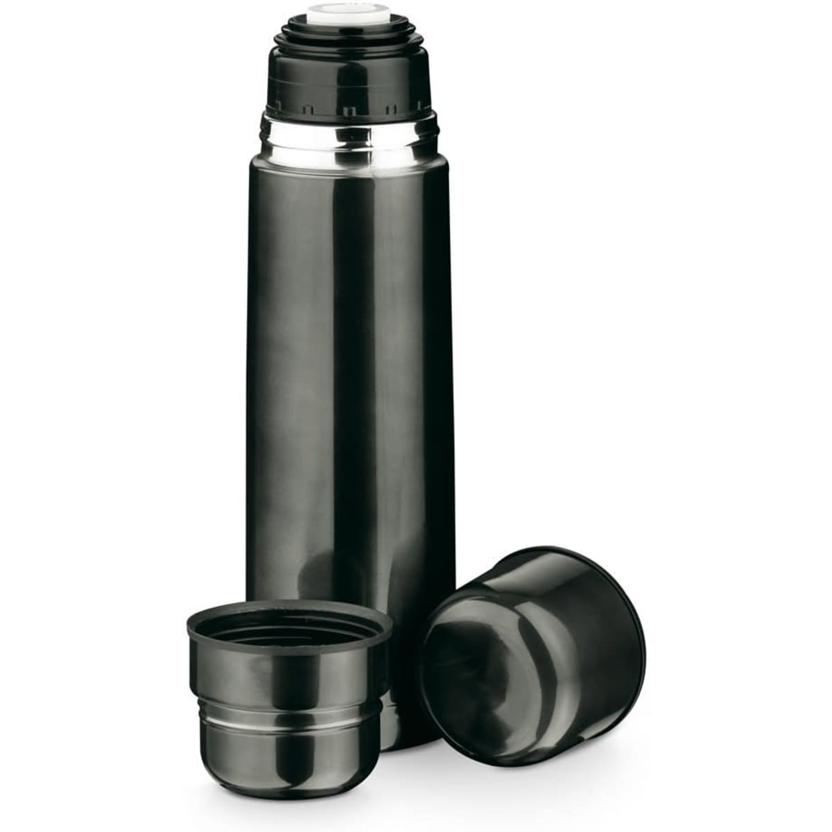 A drink bottle in sleek black stainless steel, featuring a screw-on lid and two detachable cups.