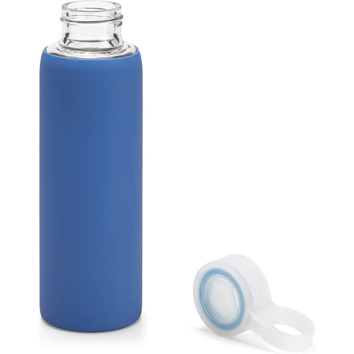 A drink bottle made of borosilicate glass, featuring a blue silicone sleeve and a white cap.