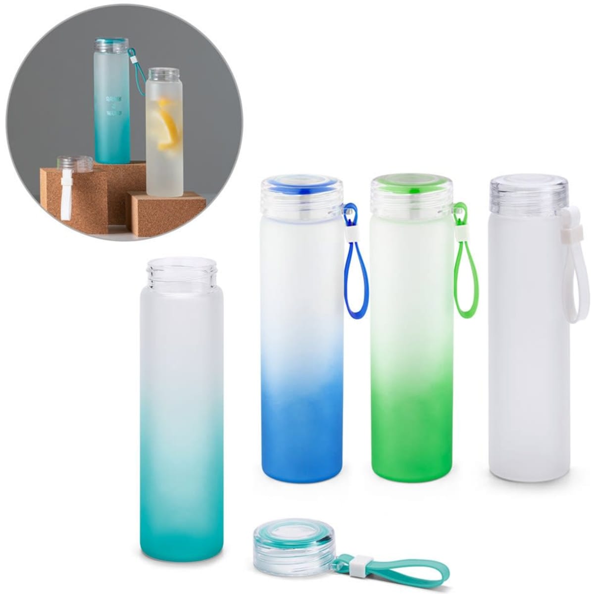 A drink bottle in borosilicate glass featuring a gradient design in blue, green, and clear, with a cap and branding.