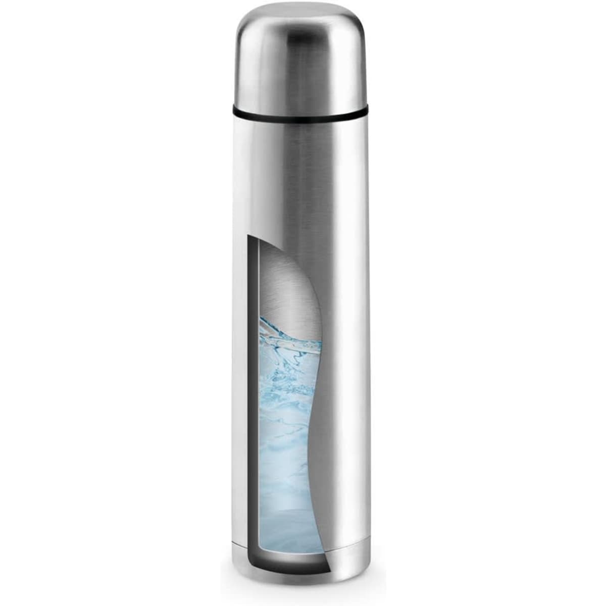 A drink bottle in stainless steel with a sleek design and a transparent window showing water inside.