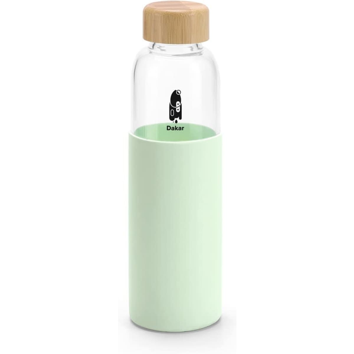 A drink bottle made of bamboo and borosilicate glass, featuring a mint green silicone sleeve and a wooden lid.