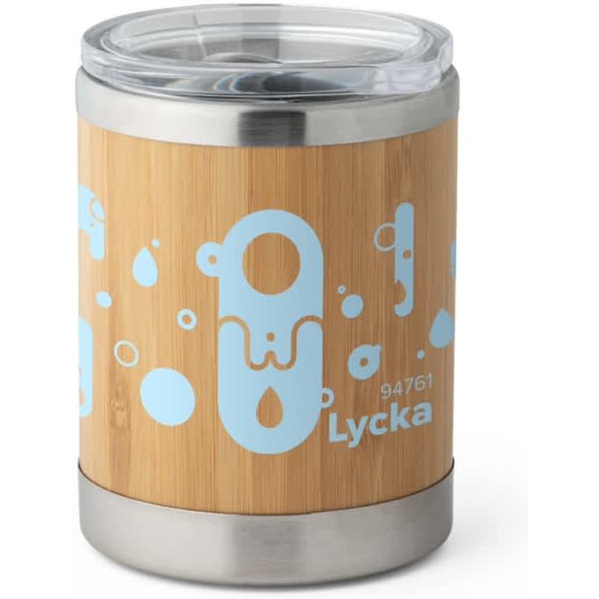 A drink bottle featuring a bamboo exterior and stainless steel bottom, with a transparent lid and light blue design elements.