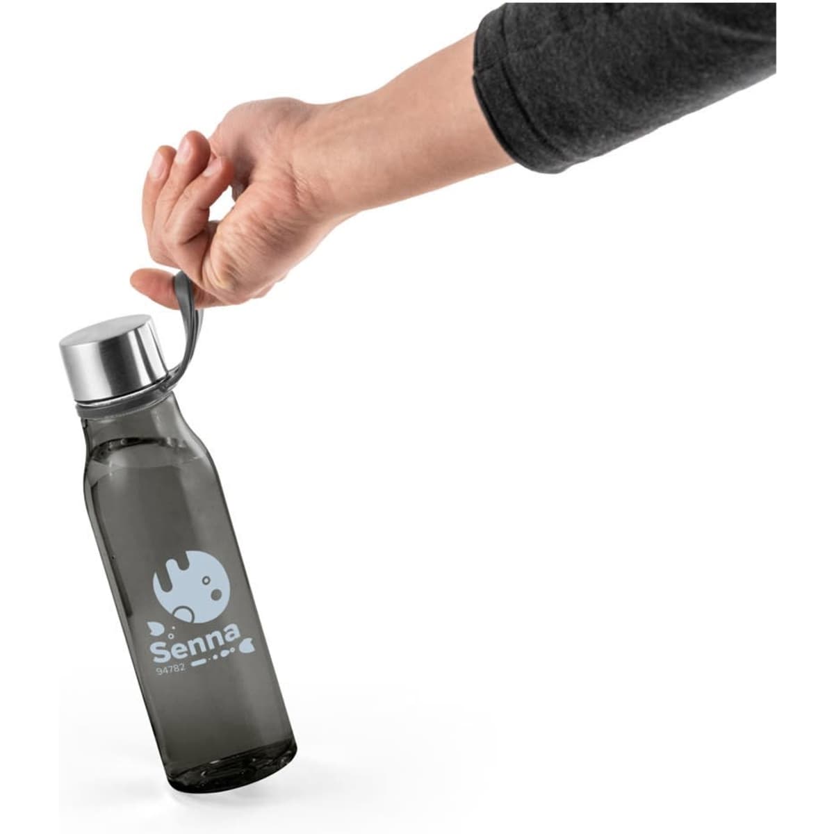 A drink bottle in a glossy translucent finish, made from 100% recycled PET, held by a hand. It features a logo.