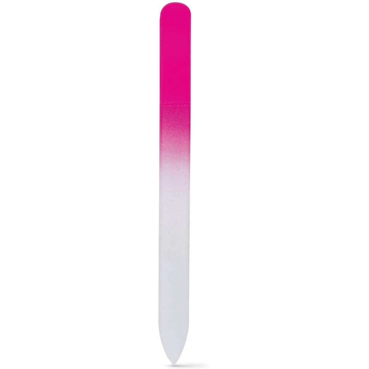 A glass nail file with a white and pink gradient design, featuring a tapered end and a smooth surface.