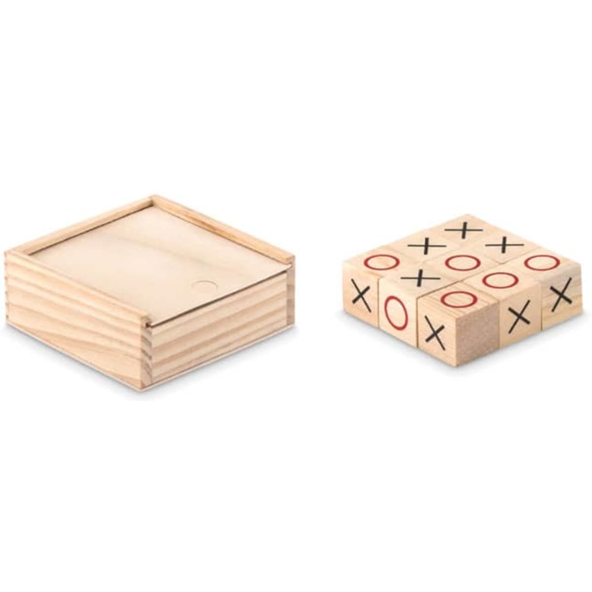 A wooden Tic Tac Toe game set featuring a square base with X and O pieces in red and natural wood tones.