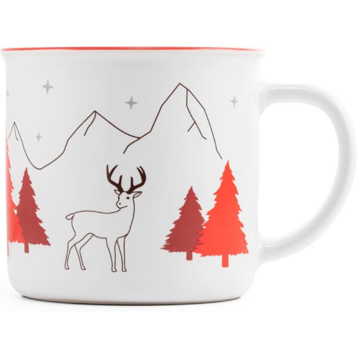 A ceramic mug featuring a deer and trees with a mountain backdrop, predominantly in white and red colours.