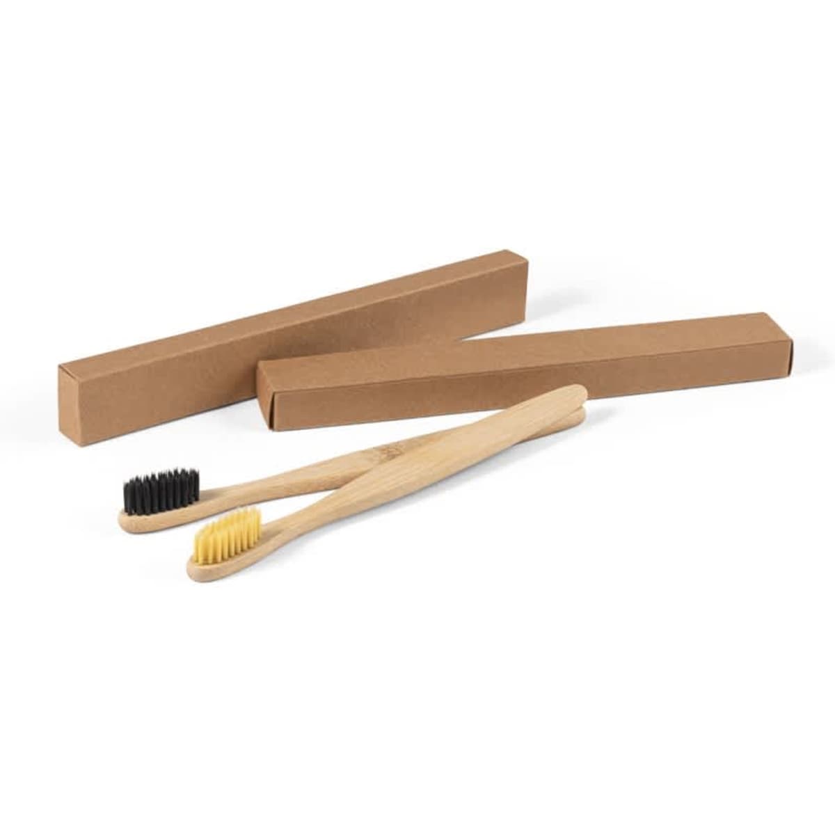 Two bamboo toothbrushes with nylon bristles in black and yellow, each packaged in a brown cardboard box.