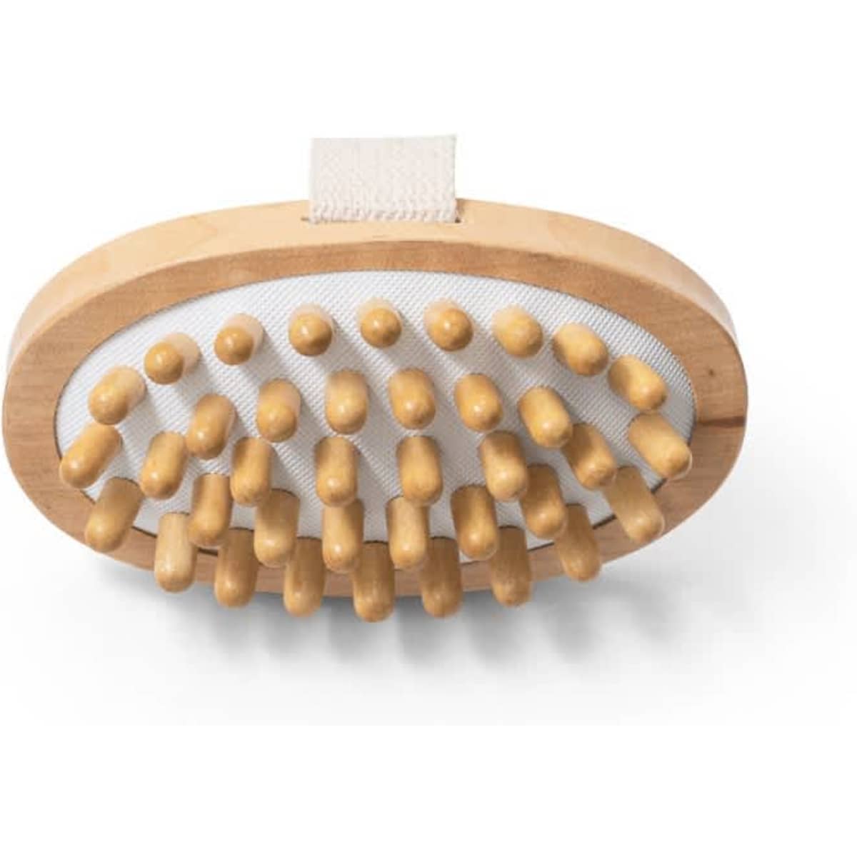 A wooden anti-cellulite massager featuring a curved shape and multiple rounded knobs for massage. It has a fabric strap.