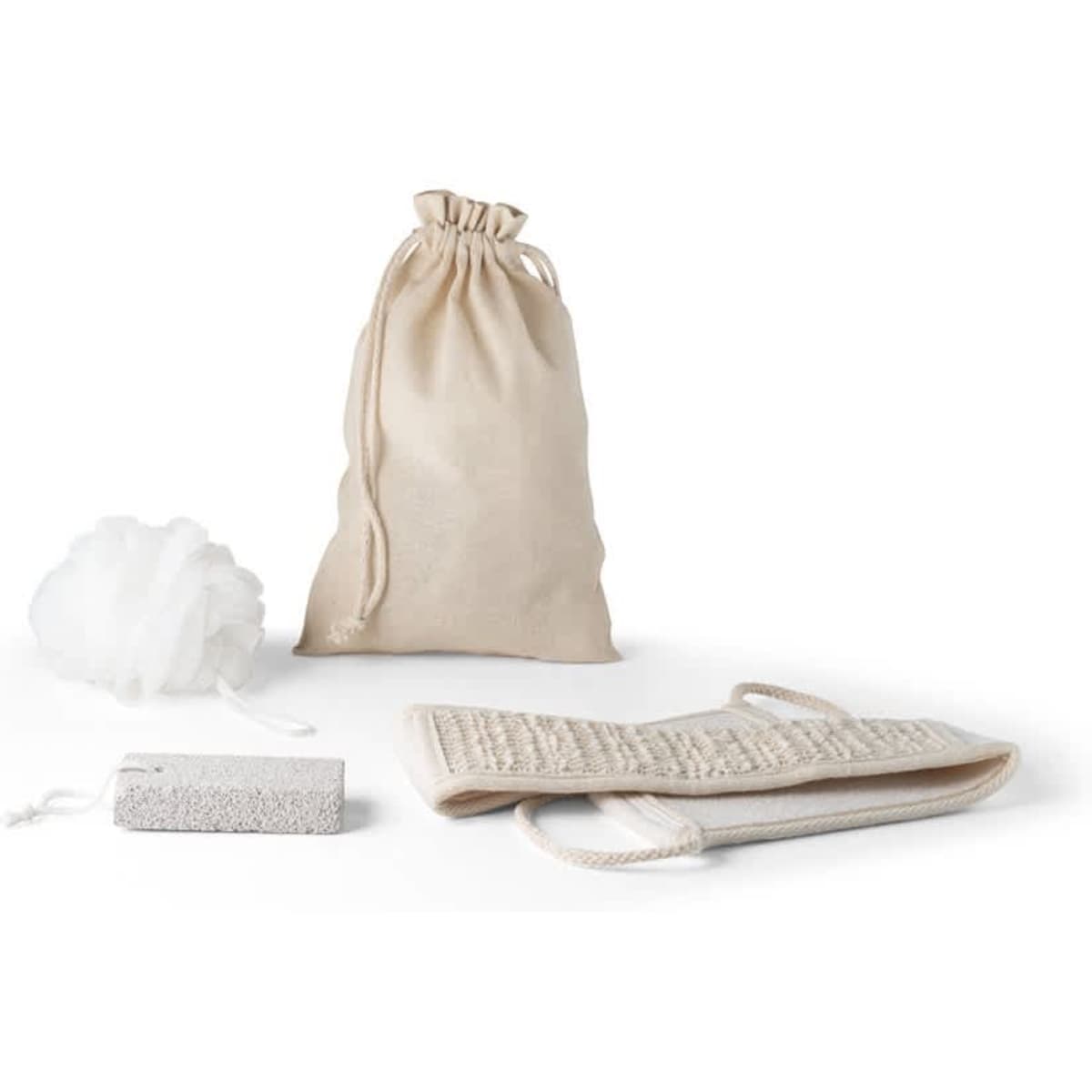 A soft, natural-coloured drawstring bag with a bath puff, a soap sponge, and two exfoliating mitts.