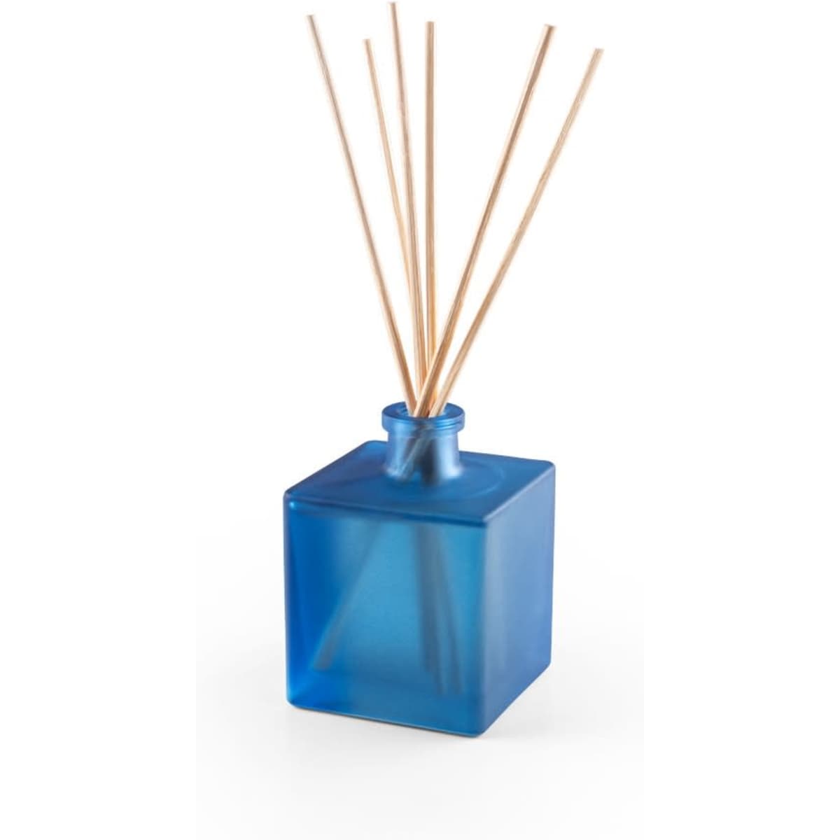 A blue glass bottle with diffuser sticks protruding from the top, featuring a square shape and a textured finish.