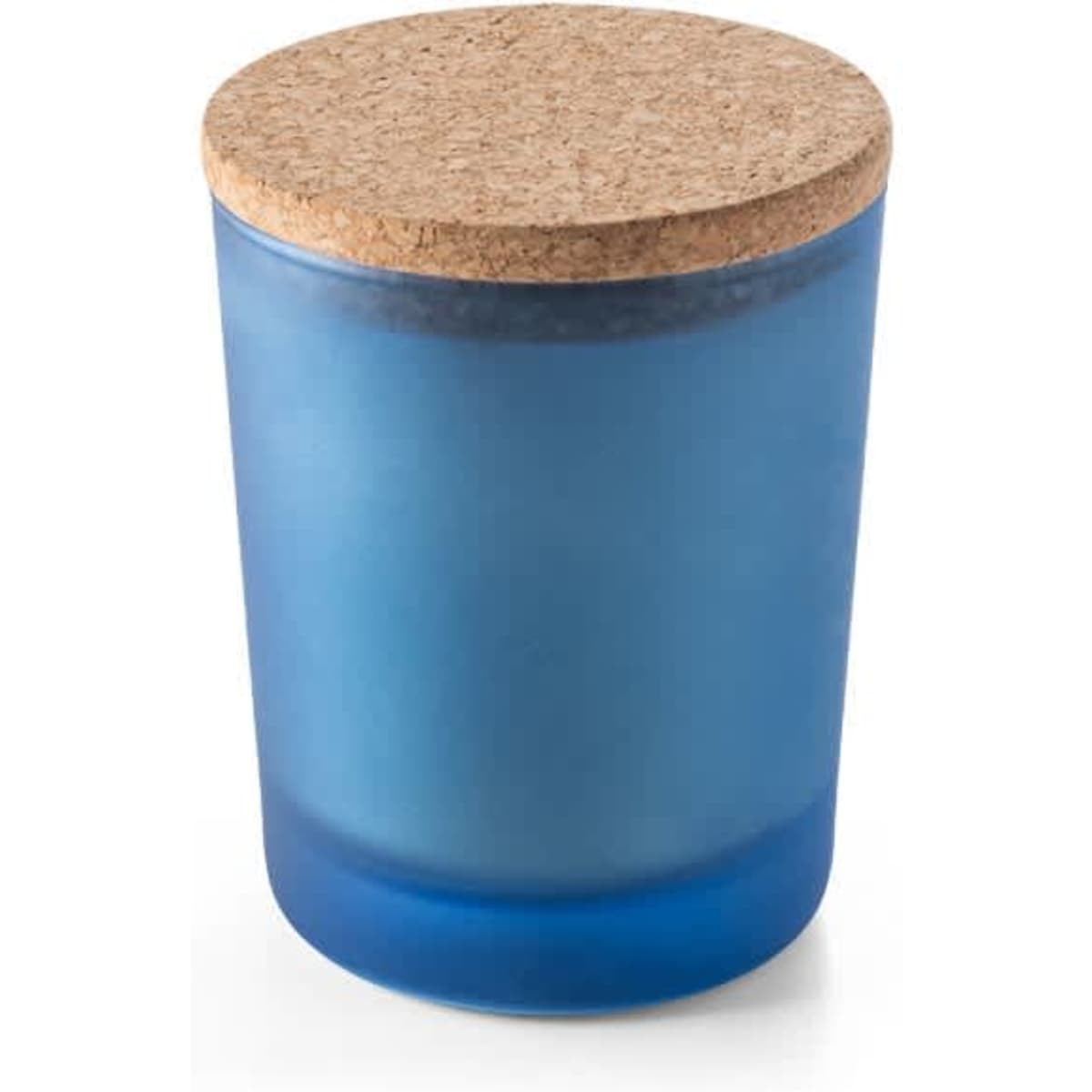 A blue aromatic soy candle with a cork lid, packaged in a frosted glass container.