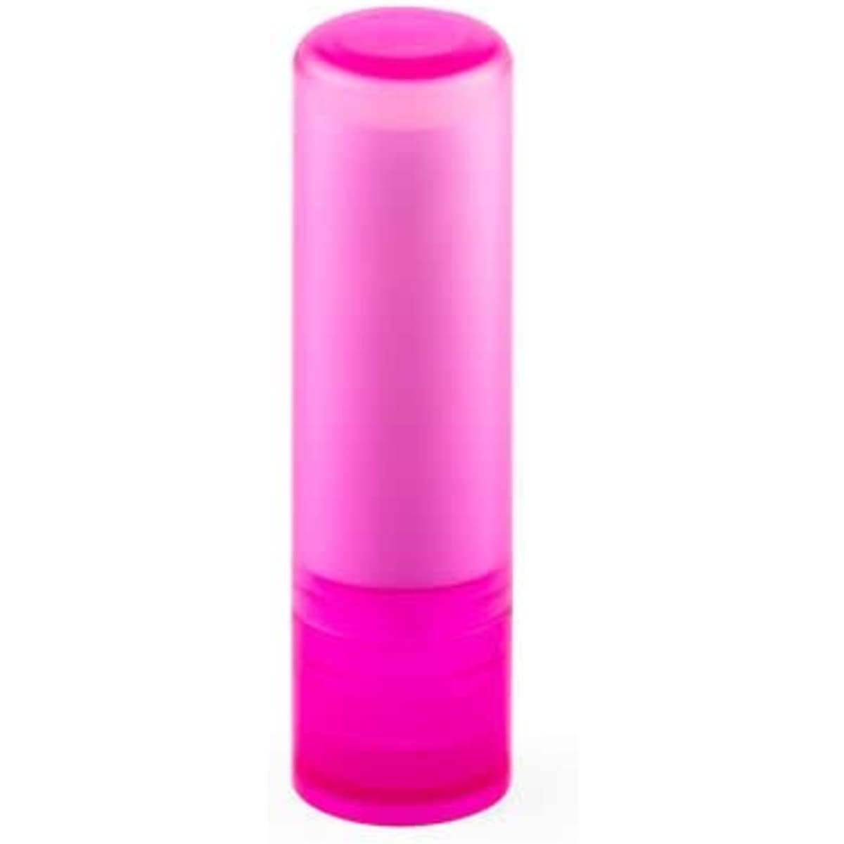 A pink lip balm container made from recycled materials with a smooth finish and rounded cap.