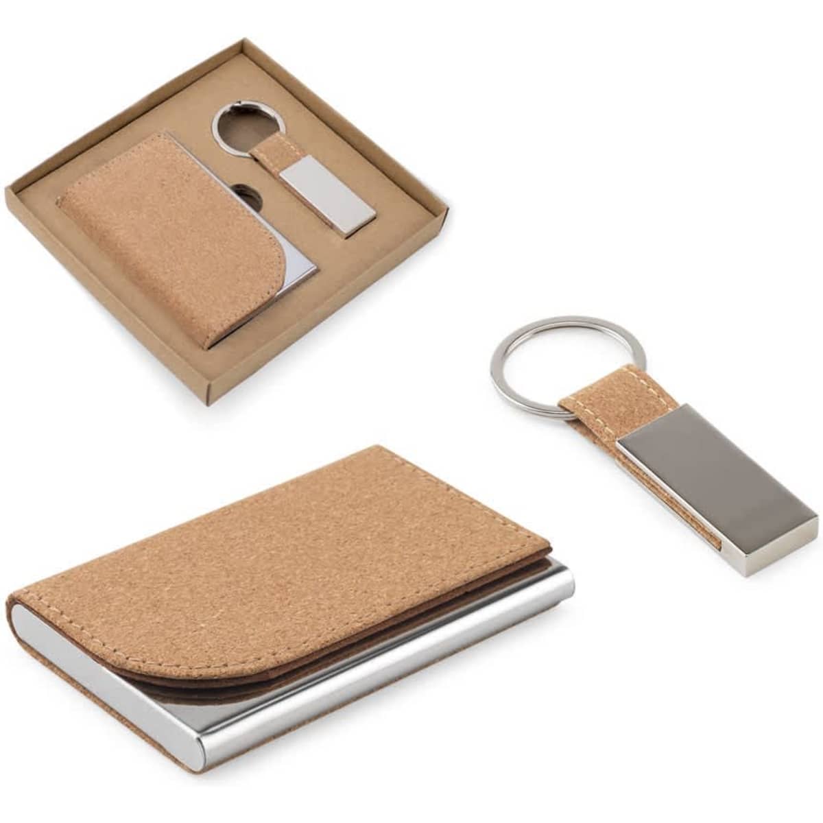 A set of a metal and cork card holder with a matching key holder, both in a tan colour, presented in a box.