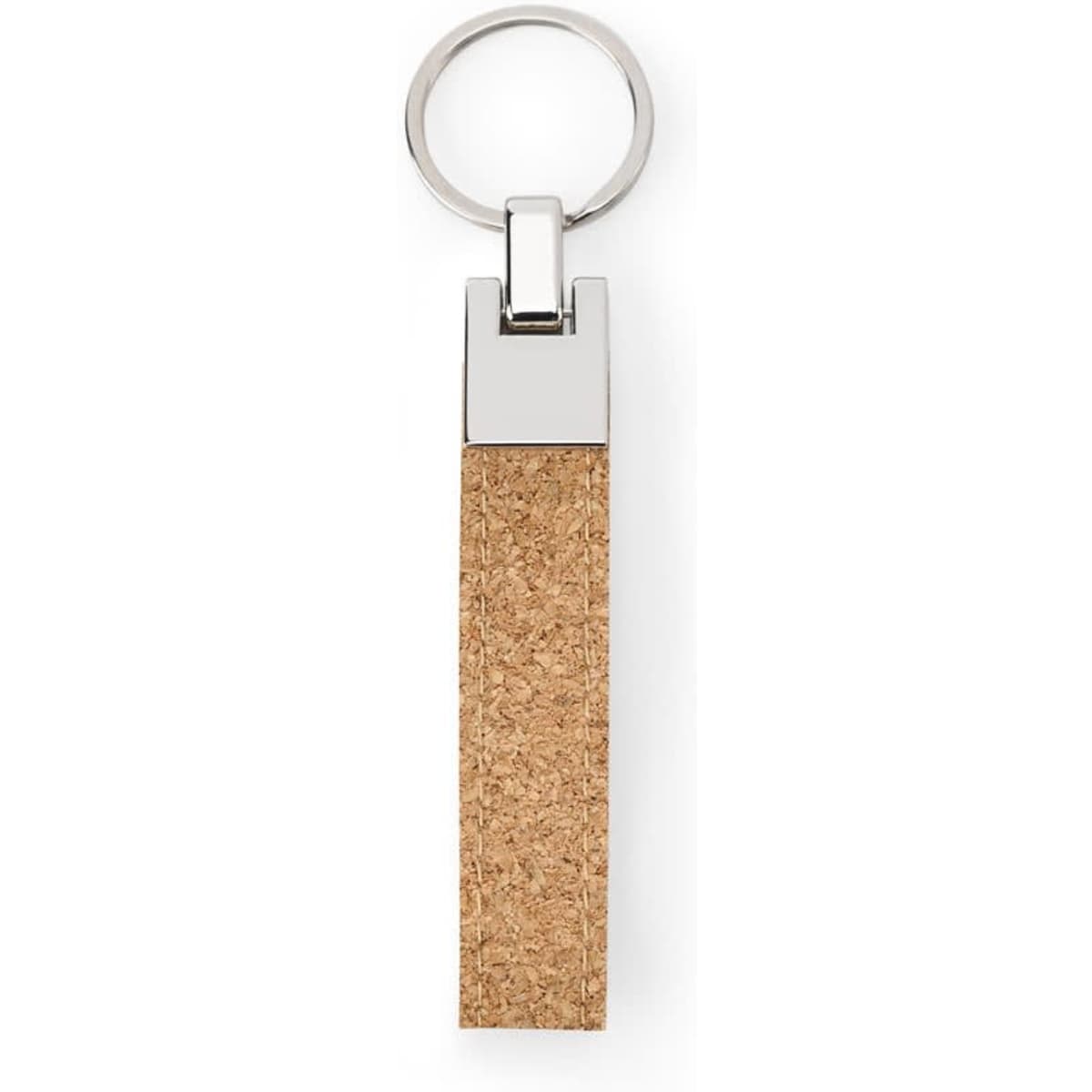 A metal and cork key ring featuring a sleek design with a shiny metal finish and textured cork element.