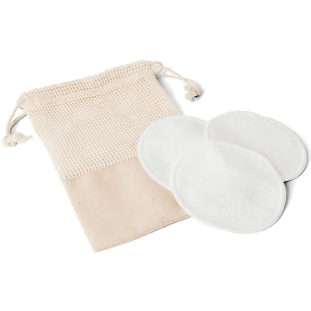 A set of three white reusable facial cleansing pads with a beige storage bag. The bag has a mesh top and drawstring.