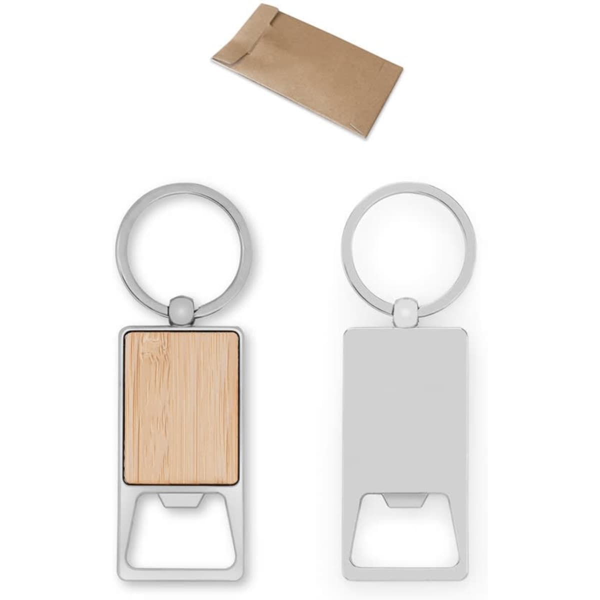 A rectangular silver keychain with a wooden centre and a bottle opener feature, accompanied by a paper pouch.