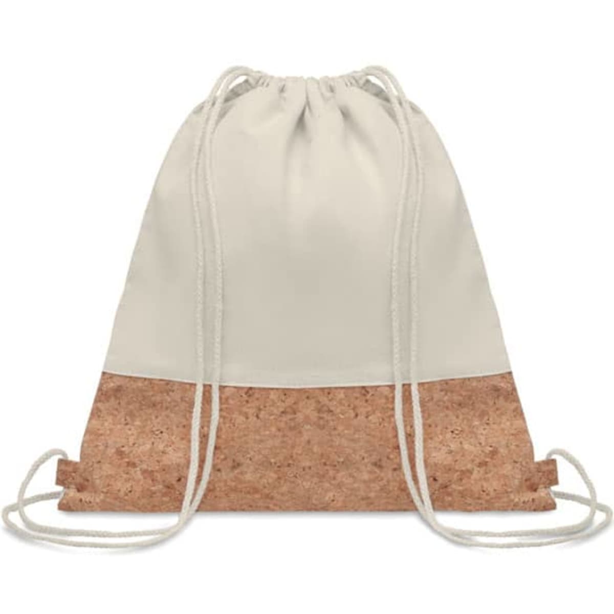 A drawstring backpack featuring a cream top section and a cork bottom, with matching drawstrings.