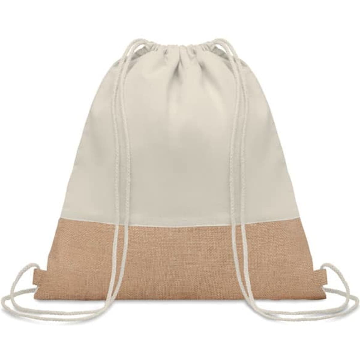 A drawstring bag featuring a cream upper section and a tan lower section, with white cord straps.
