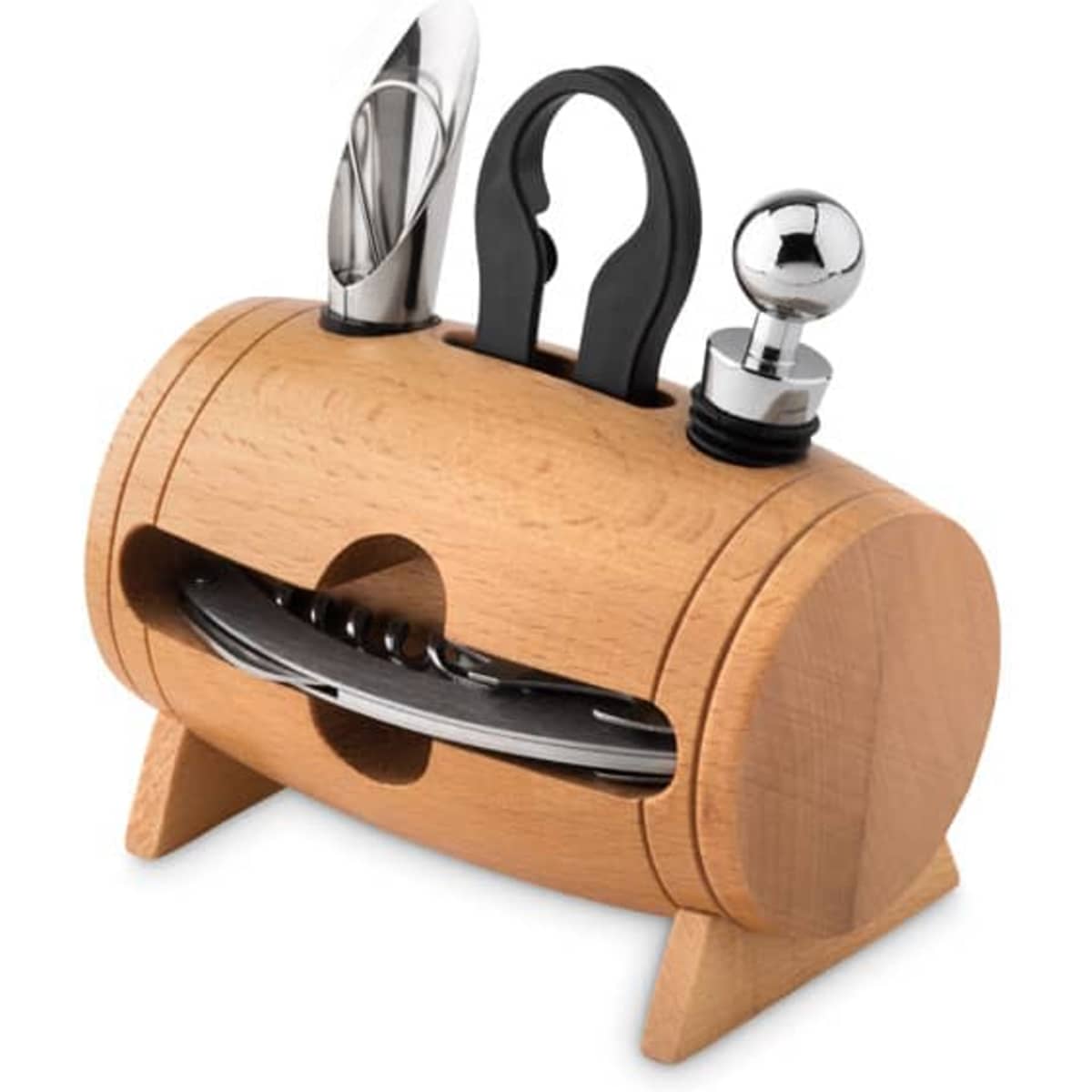 A wooden utensil holder featuring a knife, corkscrew, bottle opener, and a shiny wine stopper.