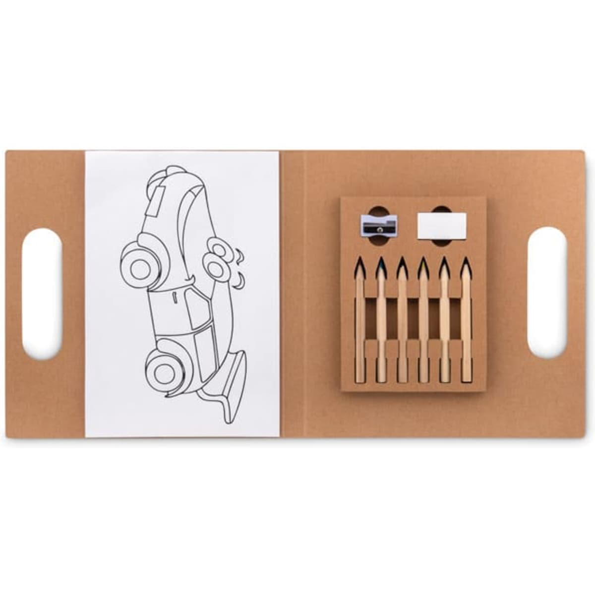 A brown folder with cut-out handles, featuring a colouring sheet and a set of pencils and sharpeners.