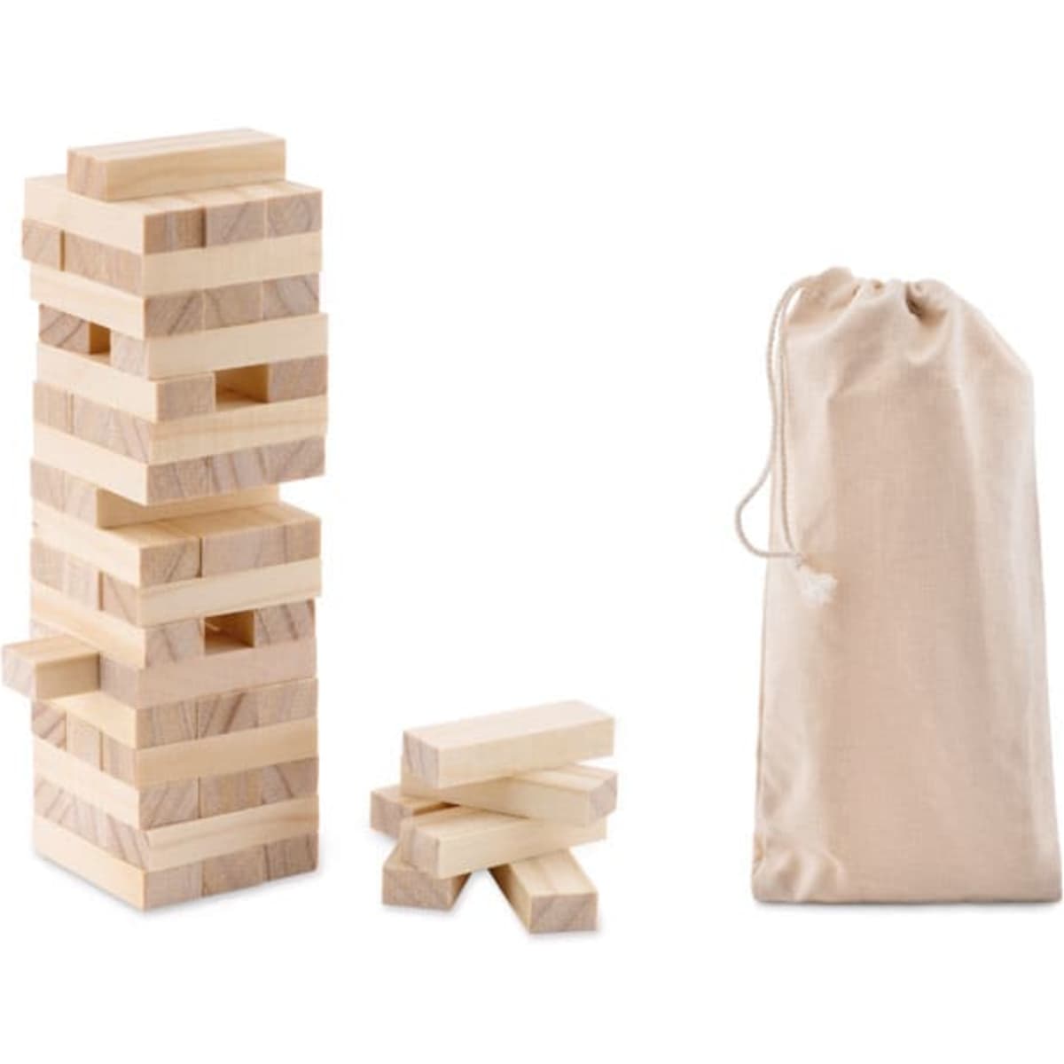 A wooden block stacking game with a beige carrying pouch. The blocks are light in colour and neatly arranged.