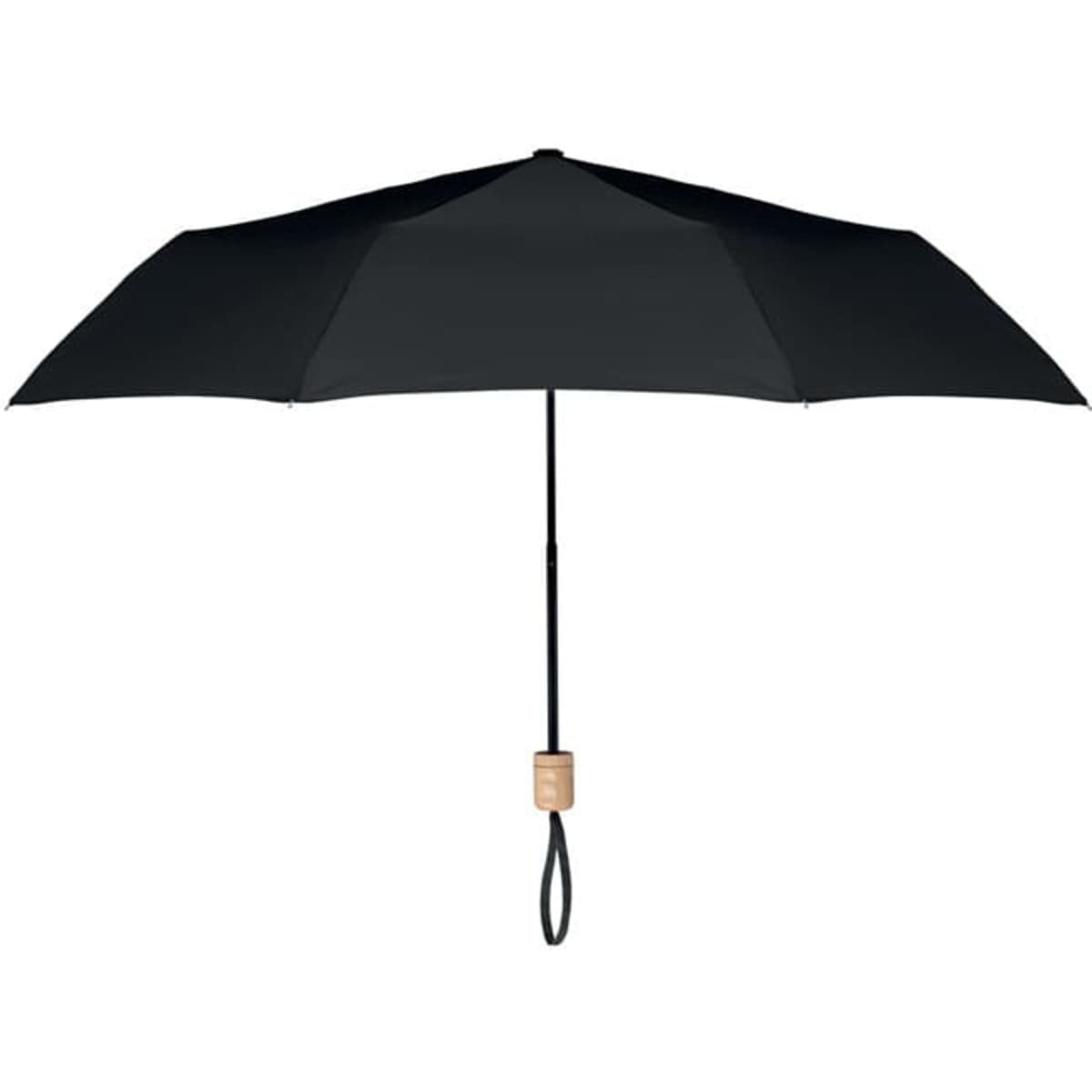 A black umbrella with a wooden handle and a wrist strap, featuring a classic design and a spacious canopy.