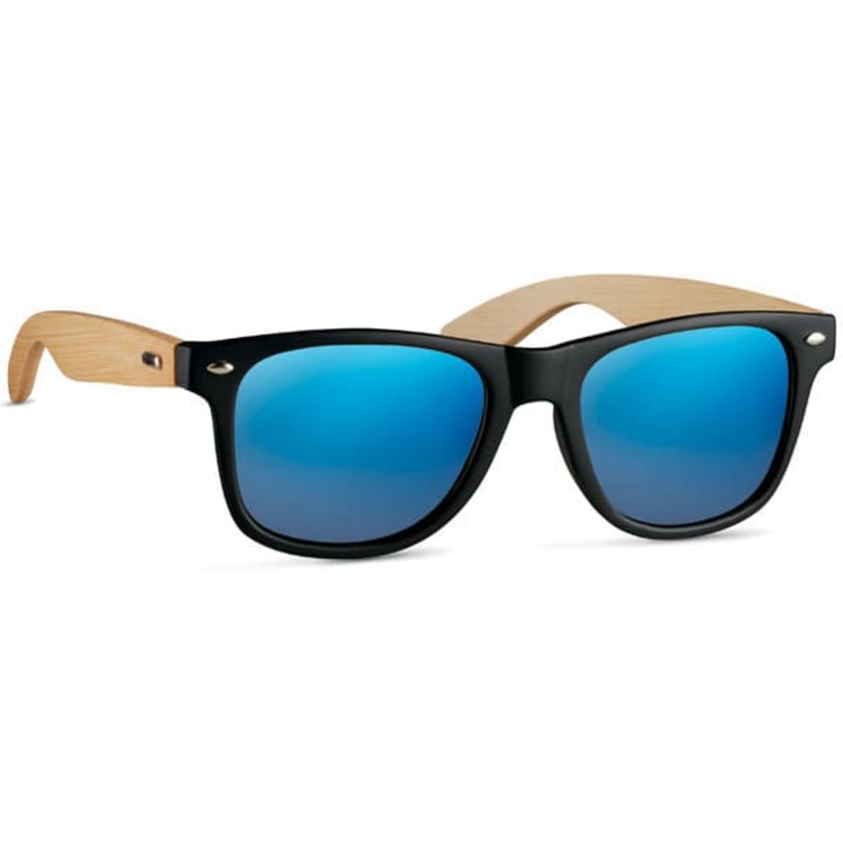 Sunglasses featuring black frames and wooden arms with blue mirrored lenses. The product has a logo on the frame.