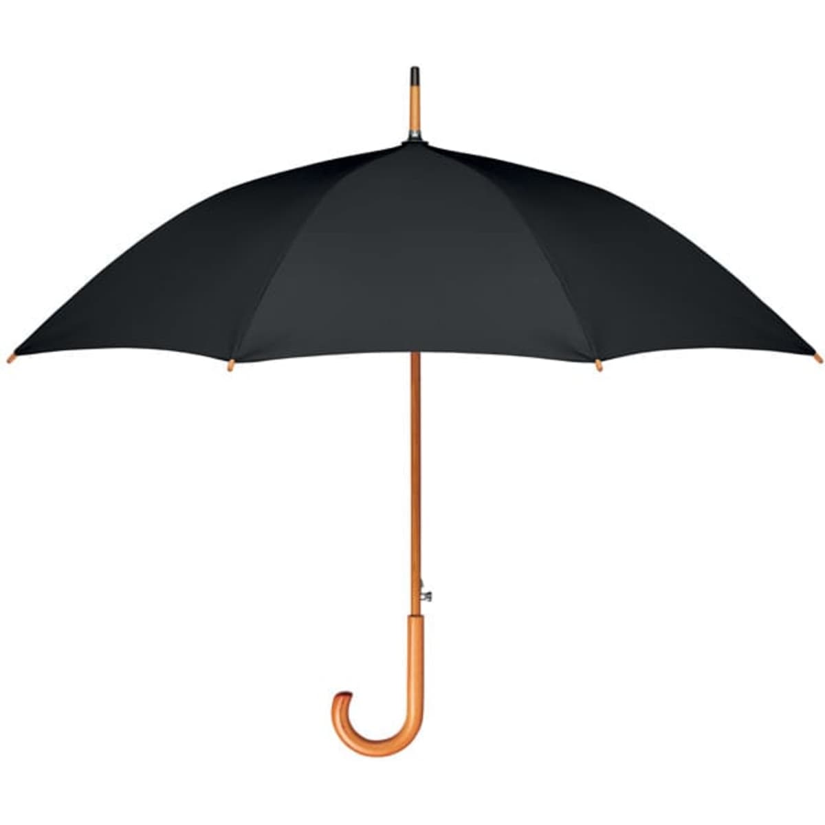 A black umbrella with a wooden handle and a curved hook. It features a simple and classic design.